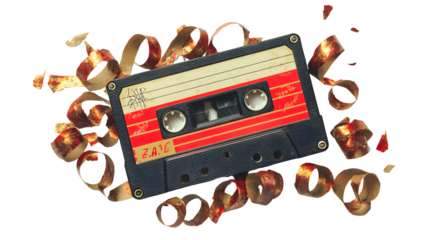 Retro cassette tape with unraveled ribbon on black background