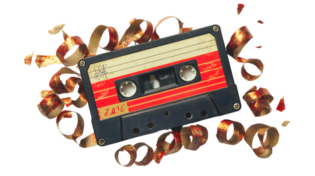 Retro cassette tape with unraveled ribbon on black background