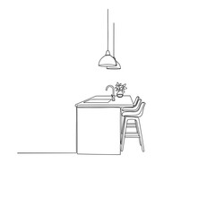 Modern kitchen island with stools and pendant light line drawing