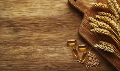 Harvesting nutritional benefits wheat grain and oil capsules on rustic wood surface
