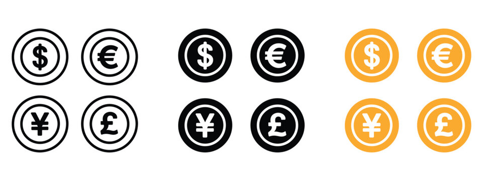 Currency Money Dollar, Euro, Yen, Sterling icon set. Global currency symbol. vector illustration.
