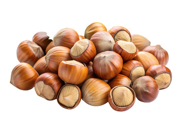 Obraz premium whole and shelled hazelnuts offering a rich, nutritious snack isolated on white background ,PNG. AI Generated 