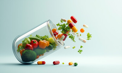 Healthy lifestyle vibrant vegetables and dietary supplements in a glass jar kitchen setting still life freshness and nutrition