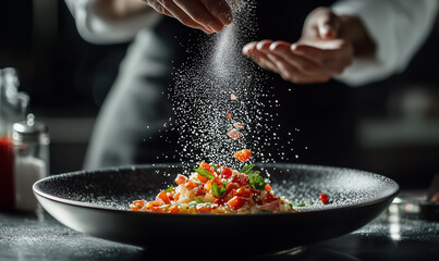Culinary artistry chef seasoning fresh pasta dish in modern kitchen food photography elegant atmosphere close-up perspective