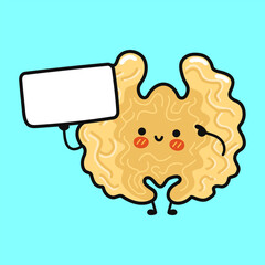 Cute smiling walnut character holding blank sign