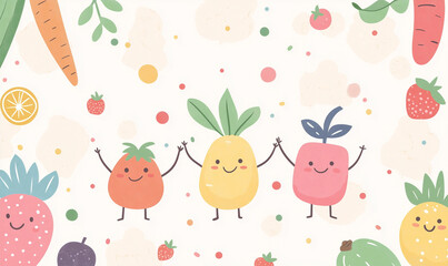 Cheerful fruit characters celebrating together vibrant background digital illustration playful environment whimsical concept