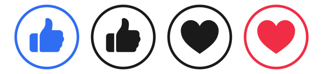 Like and love icon set, social media reaction icons featuring thumbs up and heart symbols in circle outlines. with blue and red variations. for web, app, engagement, approval, and favorite functions