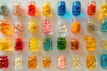 Variety of colorful pills and capsules filling small glass jars, creating a vibrant and organized display on a white background, representing the pharmaceutical industry and healthcare supplements