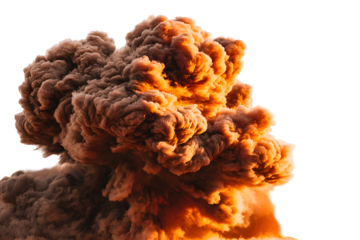 Intense smoke blast with thick black and brown clouds on white background