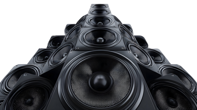 Pyramid of black audio speakers - acoustic engineering and sound design