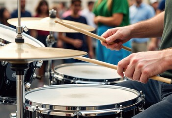 Obraz premium Drummer playing energetic beats on a drum set during a lively street performance