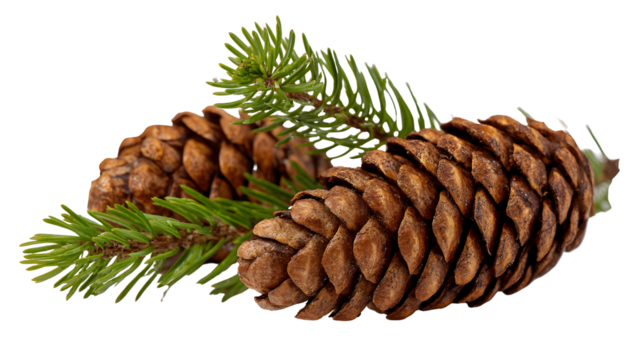 Detailed brown pine cones with fresh green fir branches for natural design