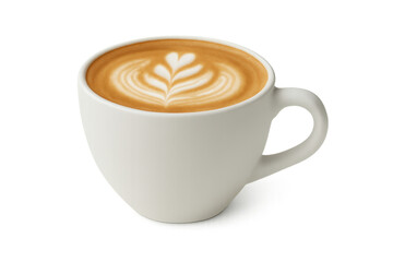 Latte art coffee in white mug with transparent background