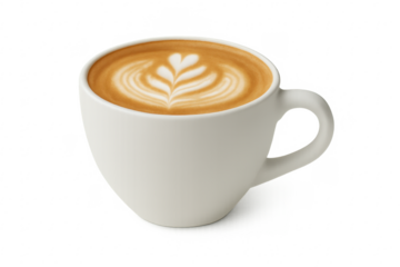 Latte art coffee in white mug with transparent background