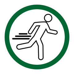 Emergency Exit and Evacuation Icon: Running Man Symbol
​Vector Graphic of a Person in Motion: Speed and Urgency
​Dynamic Safety Signage: Fast Running Silhouette in Green Circle
