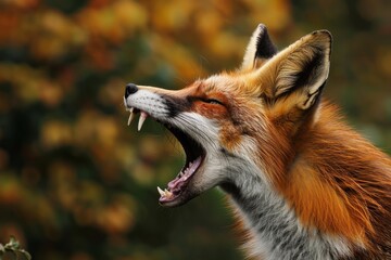Fototapeta premium Red fox yawning showing teeth and tongue, in autumnal background