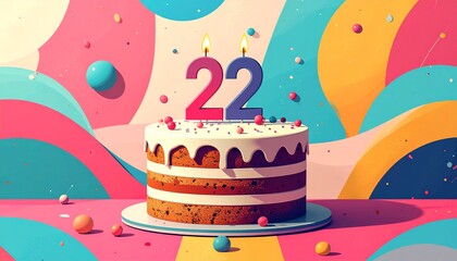 Retro illustration of a birthday or anniversary cake with a number 22 candle