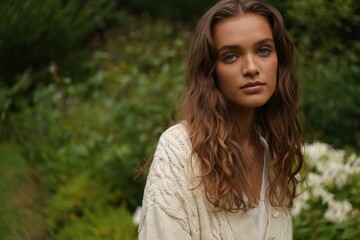 Young woman with long, wavy hair posing in a lush garden setting