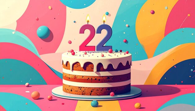 Retro illustration of a birthday or anniversary cake with a number 22 candle