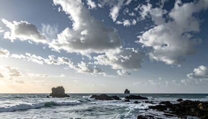 Seascape with rocks, waves, and puffy white clouds under a bright, sunny sky