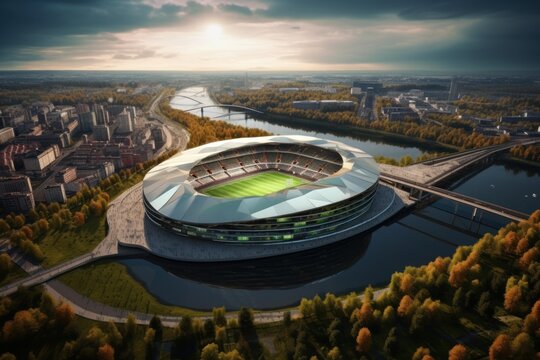 Aerial view of a modern football stadium located near a river and a city at sunset, showcasing a futuristic architectural design - Powered by Adobe