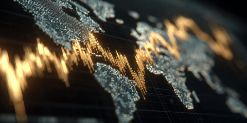 Stylized dotted world map overlaid with stock market data, charts, and gridlines
