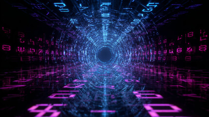 glowing circular digital vortex with layered circuits and lights, symbolizing data flow, cyberspace
