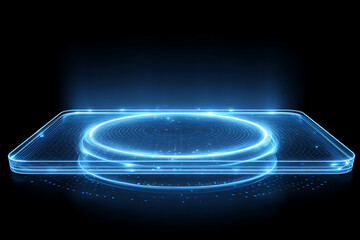 Futuristic holographic platform with glowing blue light circles, perfect for showcasing cutting edge technology or innovative product launch events