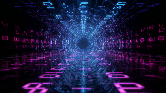 glowing circular digital vortex with layered circuits and lights, symbolizing data flow, cyberspace