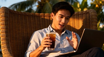 Young Asian man engaging in a video conference call on his laptop while relaxing outdoors with a cold drink at a resort