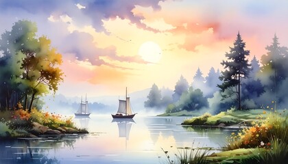 Serene waterscape featuring sail boats and a gentle, colorful sky filled with light reflecting on calm water