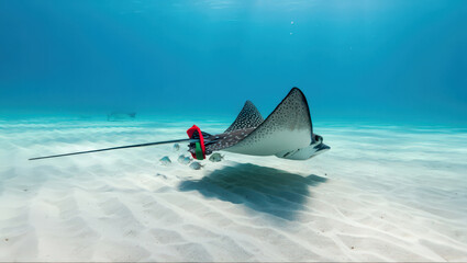 Underwater Holiday A Spotted Eagle Ray Glides Through Clear Waters Adorned with a Festive Scarf A Unique Marine Life Scene in a Tropical Aquatic Environment