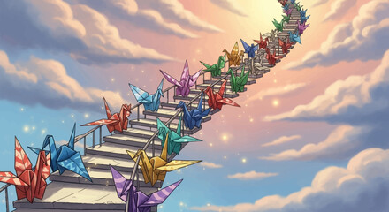 Colorful origami cranes ascending a stairway to the heavens.