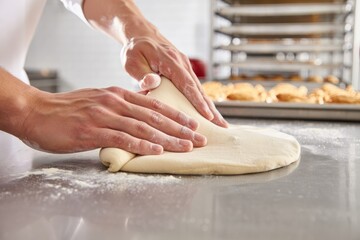 Fototapeta premium Baker kneading dough on a floured surface in a professional kitchen