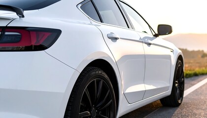 Sleek white car parked on a road, sunset behind. Black wheels, reflective paint, and rear spoiler visible