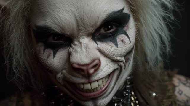 Creepy cat-human hybrid with dark clown makeup smiles menacingly.