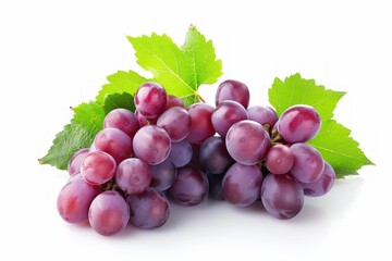 Fototapeta premium Two bunches of ripe red grapes with green leaves are presented on a pristine white backdrop, showcasing their freshness and vibrant color