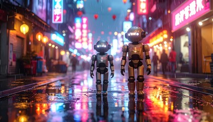 Two robots stroll down a neon-lit city street during a rain shower, reflections shimmering on the wet pavement