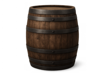 Old wooden barrel with metal hoops storing beverages like wine or beer, perfect for rustic or vintage themes