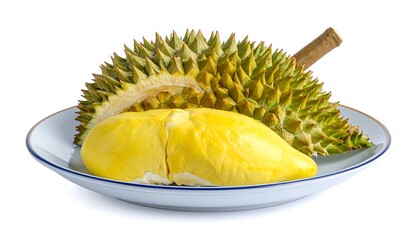 Spiky durian fruit, cut open, revealing creamy yellow flesh, sits on a white plate with a blue rim, isolated