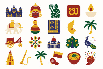 Karnataka Culture and Heritage Icon Set Featuring Elephants, Temples, Peacock, and More