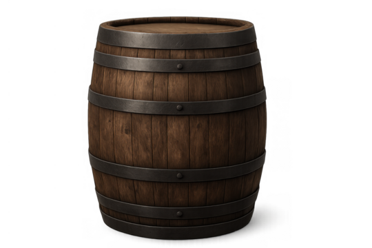 Old wooden barrel with metal hoops storing beverages like wine or beer, perfect for rustic or vintage themes