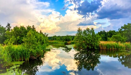 Still waters reflect a dramatic sky over lush green vegetation in this scenic, tranquil landscape