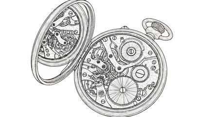 Detailed Sketch of an Open Pocket Watch Mechanism.