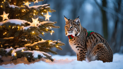 Bobcat Adorned with a Festive Scarf Sits in the Snow Beside a Lit Tree, Creating a Cozy Winter Scene in a Snowy Outdoor Setting