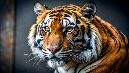Striking portrait of an orange and black striped tiger, its intense gaze fixed on the viewer, sharp focus