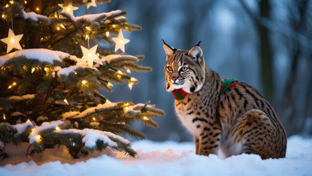 Bobcat Adorned with a Festive Scarf Sits in the Snow Beside a Lit Tree, Creating a Cozy Winter Scene in a Snowy Outdoor Setting