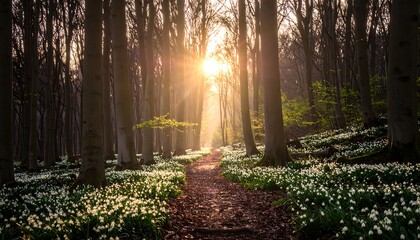 Sunbeams pierce through trees lining a path covered in white flowers in a sunlit forest, creating a tranquil scene