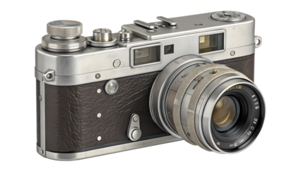 Vintage camera with metal body, lens reflections visible, isolated on transparent background.