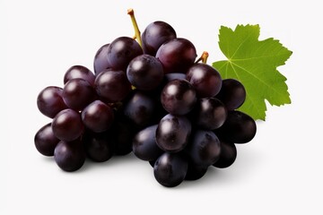 Fototapeta premium Ripe black grapes with green leaves create a vibrant display against a white backdrop